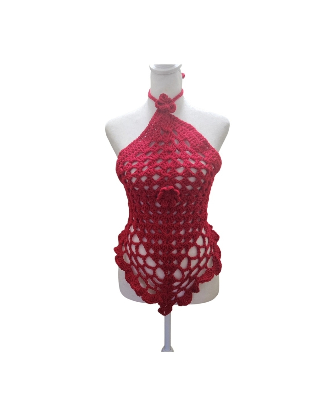 Handmade Red Crochet One-Shoulder Shawl Unique 5-way Hand Knit Summer Boho Piece - Picture 13 of 16